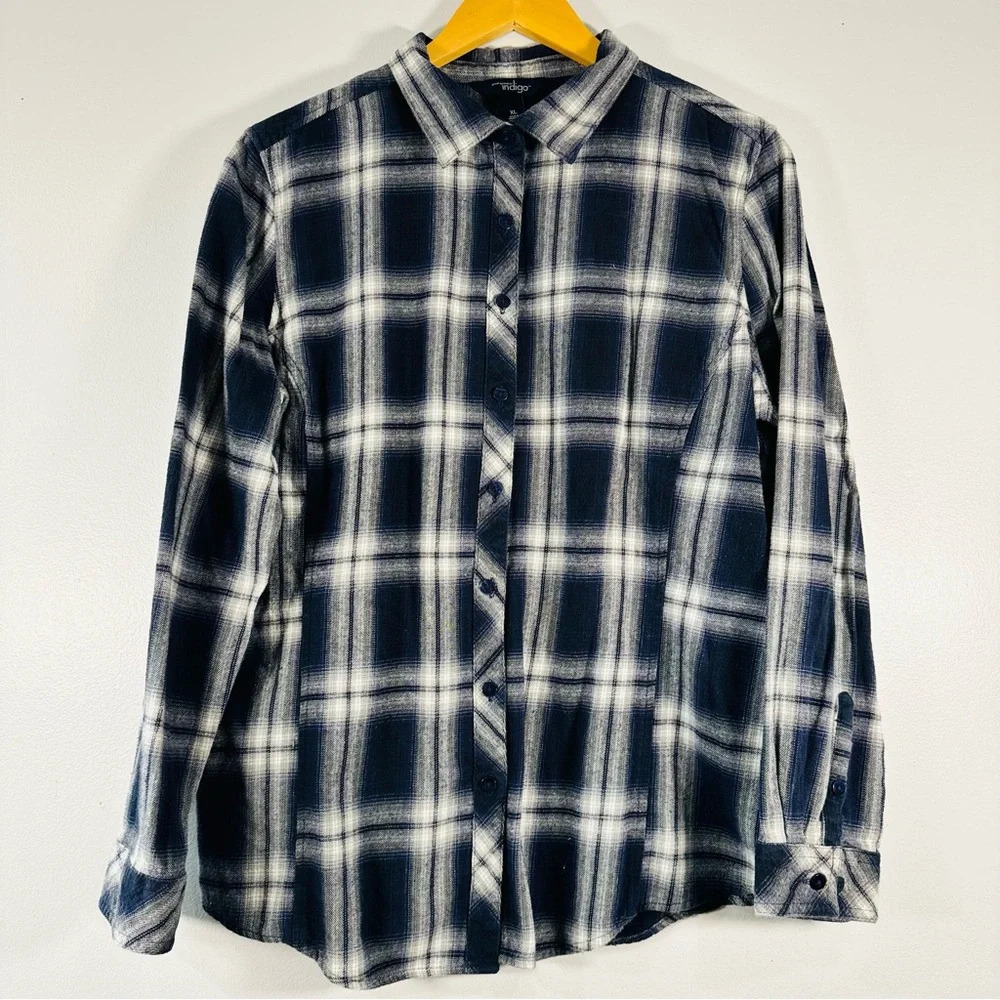 Plaid Blue Gray Button Down Flannel Long Sleeves Women's XL Indigo